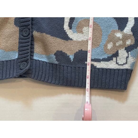 Hollister Cotton Blend Blue Cropped Cardigan, Mushrooms, Flowers, Size S - Picture 13 of 14